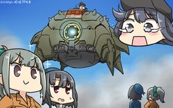  &gt;:) 3girls akatsuki_(kancolle) apsalus beret black_hair black_hat blue_eyes brown_eyes commentary_request crying crying_with_eyes_open dated flat_cap green_hair gundam gundam_08th_ms_team hamu_koutarou hat highres kantai_collection long_hair long_sleeves military military_uniform multiple_girls open_mouth ponytail purple_hair red_eyes remodel_(kantai_collection) short_hair smile sweatdrop takao_(kancolle) tears uniform v-shaped_eyebrows yuubari_(kancolle) 