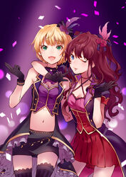  2girls bare_shoulders blonde_hair blue_eyes breasts brown_hair choker cleavage commentary_request confetti dress flower gloves green_eyes hair_flower hair_ornament hair_ribbon highres ichinose_shiki idolmaster idolmaster_cinderella_girls lazy_lazy_(idolmaster) limbo_(artist) long_hair medium_breasts miniskirt miyamoto_frederica multiple_girls navel one_eye_closed open_mouth photoshop_(medium) ribbon short_hair skirt smile thighhighs zettai_ryouiki 