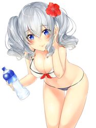  bad_id bad_link bad_nicoseiga_id bikini blue_eyes blush bottle breasts cleavage female flower front-tie_top grey_hair hair_flower hair_ornament hibiscus highres kantai_collection kashima_(kancolle) large_breasts leaning_forward long_hair looking_at_viewer navel nezumidoshi sidelocks smile solo swimsuit tsurime twintails water_bottle wavy_hair white_bikini 