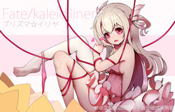  absurdres bondage bondage bound breasts commentary_request copyright_name dress fate/kaleid_liner_prisma_illya fate_(series) female frills from_side hair_ornament heart highres illyasviel_von_einzbern kiyomasa_ren light_brown_hair long_hair looking_at_viewer oerba_yun_fang open_mouth panties panties_around_one_leg pink_eyes pink_panties prisma_illya red_ribbon restrained ribbon ribbon_bondage see-through short_dress sideboob single_thighhigh small_breasts solo thighhighs toes two_side_up underwear watermark weibo_logo weibo_watermark white_thighhighs 