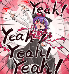  ^^^ arm_up blush commentary_request english_text female hand_on_own_hip hat highres long_skirt nagae_iku open_mouth purple_hair red_eyes shawl shinapuu short_hair skirt smile solo touhou waving 