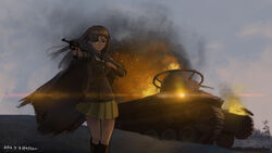  artist_name asymmetrical_bangs bad_id bad_pixiv_id black_footwear boots brown_eyes brown_hair brown_jacket chi-hatan_military_uniform cloak commentary female fire furukawa_herzer girls_und_panzer gun handgun highres holding jacket knee_boots long_hair long_sleeves looking_at_viewer military military_uniform military_vehicle miniskirt motor_vehicle nambu_pistol nambu_type_14 nishi_kinuyo outdoors pleated_skirt serious signature skirt sky smoke solo standing tank type_97_chi-ha uniform weapon yellow_skirt 