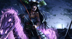  animal_skeleton armor arrow_(projectile) banner battlefield black_hair bow_(weapon) cloud commentary_request female flag hadanugi_dousa helmet highres holding holding_bow_(weapon) holding_weapon horse horseback_archery horseback_riding japanese_armor japanese_clothes kabuto_(helmet) kimono kusazuri long_hair night night_sky nobori oboro_muramasa open_clothes open_kimono riding ruukii_drift skeleton sky torahime weapon 