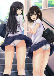  2girls 3: angry ass bag black_hair blue_eyes brown_eyes brown_hair commentary_request from_behind kamikawa_tamaki kneehighs kneepits long_hair looking_at_viewer looking_back medium_hair miniskirt multiple_girls nonaka_ritsu original panties pantyshot plaid plaid_skirt pointing pointing_at_viewer school_uniform skirt socks stairs standing touka_(nonaka_ritsu) underwear 