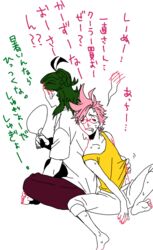  2boys blush carnibal0380 drooling flat_color glasses green_hair kazunao_yamada kiznaiver long_hair male_focus multiple_boys partially_colored pink_hair short_hair sweat tenga_hajime translation_request white_background 