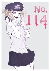  blonde_hair blunt_bangs boku_no_hero_academia cellphone cowboy_shot double_bun fangs female hair_bun hat messy_hair nashimo_(artist) school_uniform solo toga_himiko yellow_eyes 