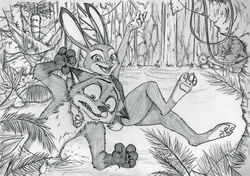  2016 absurd_res anthro canid canine clothing disney duo english_text female fox hi_res judy_hopps lagomorph leporid male mammal monochrome nick_wilde rabbit red_fox shadow-gate swimming_trunks swimwear text true_fox ziegelzeig zootopia 