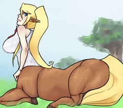  animal_ears bad_deviantart_id bad_id blonde_hair blue_eyes breasts centaur centorea_shianus female horse_ears huge_breasts long_hair monster_girl monster_musume_no_iru_nichijou pointy_ears ponytail scathegrapes sitting solo tail taur 