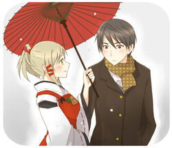  blonde_hair brown_hair commentary_request female fushimi_touka hair_ribbon holding holding_umbrella inari_konkon_koi_iroha. jacket japanese_clothes kurono_0622 lips long_hair miko oil-paper_umbrella ponytail profile red_eyes ribbon rounded_corners scarf shared_umbrella snowing tress_ribbon uka-no-mitama-no-kami_(inakon) umbrella upper_body 