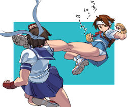  2girls ass battle brown_eyes brown_hair capcom commentary company_connection crossover duel fighting fingerless_gloves from_behind gloves headband jumping justice_gakuen kasugano_sakura multiple_girls nebukuro41 panties pantyshot school_uniform shoes short_hair sneakers street_fighter taiyou_gakuen_uniform translation_request underwear very_short_hair wakaba_hinata 