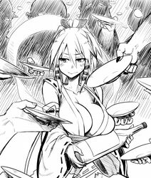  alcohol bad_id bad_pixiv_id blush breasts commentary_request cup female greyscale highres inari_konkon_koi_iroha. large_breasts monochrome sakazuki sake uka-no-mitama-no-kami_(inakon) yoshida_hideyuki 