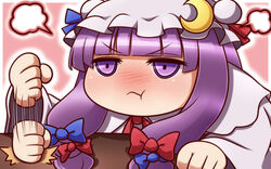  :t banging blue_ribbon blunt_bangs blush chibi closed_mouth commentary female hair_ribbon hat jitome long_hair mob_cap patchouli_knowledge pout purple_eyes purple_hair red_ribbon ribbon solo table tottsuman touhou tress_ribbon v-shaped_eyebrows 