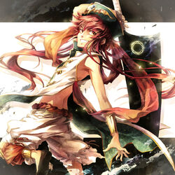  1boy bad_id bad_pixiv_id braid hat highres long_hair magi_the_labyrinth_of_magic male_focus photoshop_(medium) red_eyes red_hair ren_kouha solo suzuneko-rin sword weapon 