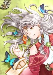  aplche bare_shoulders bird blue_butterfly bridal_gauntlets bug butterfly circlet commentary_request detached_sleeves dress female fire_emblem fire_emblem:_radiant_dawn gem grass grey_hair hair_tubes long_hair long_sleeves lying micaiah_(fire_emblem) micaiah_(queen_of_dawn)_(fire_emblem) on_back one_eye_closed parted_lips turtleneck white_dress white_hair yellow_eyes yune_(fire_emblem) 