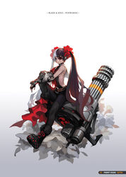  akito1179 armband bare_shoulders belt black_hair black_legwear blade_&amp;_soul boots breasts cat_cutout character_name clothing_cutout commentary copyright_name drum_magazine eyepatch female fingerless_gloves flower full_body gatling_gun gauntlets gloves grey_eyes gun hair_between_eyes hair_ornament hair_scrunchie knees_up long_hair magazine_(weapon) mitsudomoe_(shape) multicolored_hair neckerchief photoshop_(medium) platform_footwear pohwaran red_ribbon ribbon ribs scrunchie sideboob sitting sitting_on_object sleeveless small_breasts solo split-color_hair tomoe_(symbol) twintails two-tone_hair very_long_hair weapon white_hair zipper 