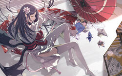  absurdres akira_(coffee_curry) arm_support black_hair commentary_request female flower hair_flower hair_ornament half-closed_eyes highres indoors japanese_clothes kimono kyuuketsu_hime long_hair long_legs lying md5_mismatch obi oil-paper_umbrella on_side onmyoji origami paper_crane parted_lips photoshop_(medium) pointy_ears profile sash shade shadow side_slit solo thick_eyebrows thighhighs umbrella white_flower white_kimono white_thighhighs wide_sleeves wings yellow_eyes 