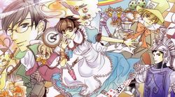  alice_(cosplay) alice_in_wonderland apron armor bandana black_hair blonde_hair blue_dress bowtie bracelet brothers brown_eyes brown_hair bunny_ears cat_ears caterpillar_(cosplay) cheshire_cat_(cosplay) clubs cupcake diamonds dress epaulettes flower fujioka_haruhi glasses hairbow haninozuka_mitsukuni hat heart helmet hitachiin_hikaru hitachiin_kaoru hookah knight lace-trimmed_dress mad_hatter_(cosplay) march_hare_(cosplay) morinozuka_takashi multiple_boys ootori_kyouya orange_hair ouran_high_school_host_club paw_gloves playing_card rainbow rose saucer siblings spades striped_shirt suit suou_tamaki tea tea_cup teacup teapot top_hat twins vial waistcoat watch wink 