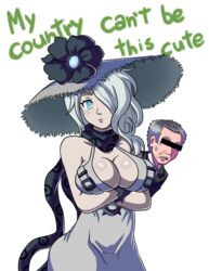  1boy aqua_eyes black_gloves breasts can&#039;t_be_this_cute censored cleavage commentary copyright_notice crossed_arms dress english_commentary female gloves grey_hair hair_over_one_eye hat highres ian_dimas identity_censor kantai_collection large_breasts lee_hsien_loong meme open_mouth ore_no_imouto_ga_konna_ni_kawaii_wake_ga_nai parody pout real_life scarf seaport_summer_princess singapore teeth title_parody 