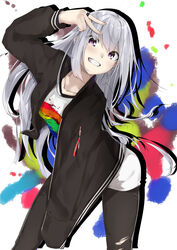  arched_back blazer collarbone commentary_request cowboy_shot earrings female fingernails grey_hair grin highres higuchi_kaede higuchi_kaede_(2nd_costume) jacket jewelry leaning_forward long_hair long_sleeves looking_at_viewer mole mole_under_eye nijisanji open_mouth pants pirapirapirapira purple_eyes ring shadow shirt smile solo standing t-shirt teeth torn_clothes torn_pants v_over_eye very_long_hair virtual_youtuber 