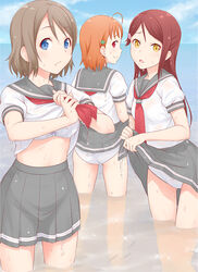  3girls ahoge ass ass_visible_through_thighs bad_id bad_pixiv_id blue_bow blue_eyes blush bow bow_bra bra breasts brown_hair closed_mouth clothes_lift clover_hair_ornament day dripping drying grey_sailor_collar grey_skirt ha-ru hair_ornament lifting_own_clothes long_hair looking_at_viewer love_live! love_live!_sunshine!! medium_breasts multiple_girls neckerchief ocean open_mouth orange_hair outdoors panties photoshop_(medium) red_eyes red_hair red_neckerchief sailor_collar sakurauchi_riko school_uniform serafuku shirt_lift short_hair skirt skirt_lift sky smile takami_chika underwear uranohoshi_school_uniform watanabe_you water wet wet_clothes white_bra white_panties wringing_clothes yellow_eyes 