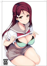  aqua_bra blush bra breasts brown_eyes cleavage clothes_lift commentary_request cover cover_page dark_red_hair doujin_cover female gengoroh hair_ornament hairclip half_updo large_breasts lifting_own_clothes long_hair looking_at_viewer love_live! love_live!_sunshine!! neckerchief red_hair red_neckerchief sakurauchi_riko school_uniform serafuku shirt_lift short_sleeves simple_background sitting skirt smile solo summer_uniform thighs underwear uranohoshi_school_uniform white_background yellow_eyes 