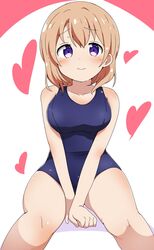  absurdres breasts commentary female gochuumon_wa_usagi_desu_ka? heart highres hoto_cocoa large_breasts looking_at_viewer one-piece_swimsuit orange_hair purple_eyes riyo_(aokiwazumi) school_swimsuit sitting solo swimsuit white_background 