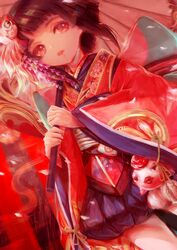  bell brown_hair commentary_request dutch_angle female fish_hair_ornament floral_print hair_ornament highres japanese_clothes jingle_bell kagura_(onmyoji) kimono looking_at_viewer metoo610 onmyoji parasol red_eyes short_hair solo standing umbrella wide_sleeves yukata 