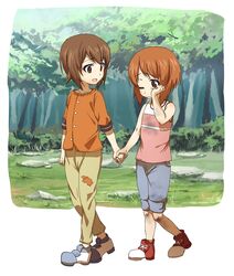  2girls absurdres aged_down ashiwara_yuu brown_eyes brown_hair bruise commentary_request day dirty dirty_clothes frown full_body girls_und_panzer highres holding_hands injury looking_at_another multiple_girls nishizumi_maho nishizumi_miho one_eye_closed outdoors pants pants_rolled_up shoes short_hair siblings sisters smile standing tank_top tearing_up walking 