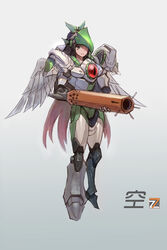  adapted_costume arm_cannon armor black_eyes black_hair chinese_commentary closed_mouth commentary_request cosplay facial_mark facial_tattoo female full_body helmet highres long_hair looking_at_viewer mechanical_wings overwatch overwatch_1 pauldrons pharah_(overwatch) pharah_(overwatch)_(cosplay) photoshop_(medium) reiuji_utsuho shoulder_armor smile tattoo touhou very_long_hair weapon wings zhengyifan7 