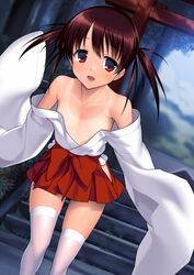  blush brown_hair commentary_request female flat_chest highres japanese_clothes looking_at_viewer miko off_shoulder one-piece_tan open_mouth red_eyes saki_(manga) short_hair shrine smile solo suzume_inui tan tanlines thighhighs torii twintails usuzumi_hatsumi white_thighhighs 