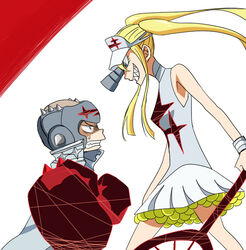  1boy ball bare_shoulders blonde_hair blue_eyes boxing_gloves boxing_headgear commentary_request female fukuroda_takaharu grin hakodate_omiko height_difference kill_la_kill long_hair looking_at_another racket scope sharp_teeth skirt smile sunano_sasori sweatdrop teeth tennis_ball tennis_racket twintails visor_cap 