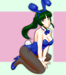  animal_ears black_eyes bow bowtie breasts cleavage commentary_request detached_collar felniam female green_hair kneeling large_breasts long_hair original pantyhose playboy_bunny ponytail rabbit_ears rabbit_tail solo tail wrist_cuffs 