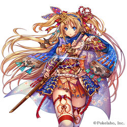  aqua_flower armor beads blonde_hair blue_armor blue_cape blue_eyes blue_hairband blue_scarf bow breasts cape closed_mouth commentary_request company_name detached_sleeves female fingernails floating_hair floral_print gem glint hair_between_eyes hair_ribbon hairband hairbow hip_vent holding holding_sheath holding_sword holding_weapon japanese_armor katana kusazuri long_hair looking_at_viewer madogawa medium_breasts obi official_art orange_bow orange_skirt photoshop_(medium) print_bow print_cape print_scarf purple_armor red_bow red_ribbon ribbon ribbon-trimmed_legwear ribbon_trim rope sash scabbard scarf sengoku_gensoukyoku serious sheath shimenawa sideboob sidelocks simple_background skirt solo standing sword thighhighs two_side_up unsheathing v-shaped_eyebrows vambraces very_long_hair walking weapon white_background white_thighhighs wind zettai_ryouiki 