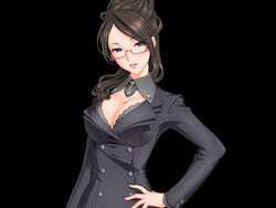  black_hair black_suit blue_eyes breasts business_suit cleavage detached_collar female game_cg glasses hand_on_hip highres large_breasts long_hair long_sleeves looking_at_viewer mirai_(sex_life) original parted_lips red-framed_glasses sano_toshihide sex_life simple_background smile solo standing suit upper_body 