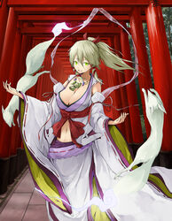  bad_id bad_pixiv_id blonde_hair breasts cleavage detached_sleeves female green_eyes hair_ribbon highres inari_konkon_koi_iroha. japanese_clothes jewelry large_breasts lips long_hair magatama magatama_necklace midriff miko multiple_torii navel necklace open_mouth ponytail revision ribbon roro_(inakon) shishi_(inakon) smile solru torii tress_ribbon uka-no-mitama-no-kami_(inakon) 