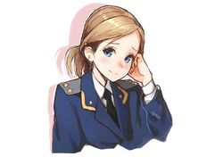  artist_name blonde_hair blue_eyes blush commentary_request earrings efmoe female head_rest jewelry looking_at_viewer military military_uniform natalia_poklonskaya necktie real_life short_hair solo uniform upper_body 