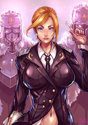  2boys alternate_breast_size blonde_hair blue_eyes book breasts commentary earrings female hat huge_breasts jewelry kachima looking_at_viewer mask military military_uniform multiple_boys nail_polish natalia_poklonskaya navel necktie photoshop_(medium) pointing real_life soldier uniform upper_body 