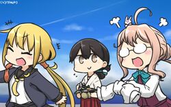  +++ 3girls aircraft airplane angry animal animal_on_head black_hair black_skirt blonde_hair blue_jacket brown_eyes chibi closed_eyes commentary_request crescent crescent_pin dated day double_bun folded_ponytail glasses hair_bun hakama hakama_skirt hamu_koutarou highres jacket japanese_clothes kantai_collection kasuga_maru_(kancolle) long_hair long_sleeves low_twintails makigumo_(kancolle) multiple_girls necktie on_head opaque_glasses outdoors pink_hair puff_of_air rabbit rabbit_on_head red_hakama remodel_(kantai_collection) satsuki_(kancolle) school_uniform serafuku shirt short_sleeves single_hair_bun skirt sky sleeves_past_fingers sleeves_past_wrists sleeves_tied_together tied_sleeves twintails upper_body white_shirt yellow_necktie 