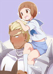  1boy bad_id bad_pixiv_id bakutendou blonde_hair blush brown_hair earrings female gamagoori_ira jewelry kill_la_kill mankanshoku_mako school_uniform serafuku short_hair sitting sitting_on_person spikes 