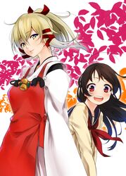  2girls black_hair blonde_hair blush commentary_request fushimi_inari hair_ribbon highres inari_konkon_koi_iroha. japanese_clothes lips long_hair looking_at_viewer mattari_yufi miko multiple_girls open_mouth ponytail red_eyes ribbon school_uniform serafuku smile tress_ribbon uka-no-mitama-no-kami_(inakon) yellow_eyes 