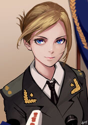  as109 bad_id bad_pixiv_id blonde_hair blue_eyes commentary epaulettes female folded_ponytail looking_at_viewer military military_uniform natalia_poklonskaya necktie photoshop_(medium) real_life short_hair smile solo uniform upper_body 