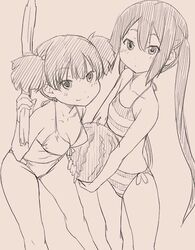  2girls bikini commentary_request food fruit k-on! long_hair monochrome multiple_girls nakano_azusa shinama short_hair stick suikawari suzuki_jun swimsuit twintails watermelon 