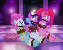  2016 azure_velour_(mlp) ball_gag bondage bondage bound clothing earth_pony equid equine female feral flashdancer_(mlp) friendship_is_magic gag group hasbro horse mammal my_little_pony pacific_glow_(mlp) pony radiantrealm twintails 