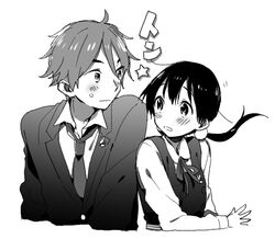  1boy commentary_request female greyscale kitashirakawa_tamako long_hair low_twintails momose_(oqo) monochrome ooji_mochizou school_uniform short_hair straight tamako_market twintails 