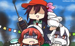  3girls :d abyssal_ship baseball_cap beret braid cannon colored_skin commentary_request crescent crescent_pin enemy_aircraft_(kancolle) escort_princess etorofu_(kancolle) hair_ornament hamu_koutarou hat highres horns kantai_collection kisaragi_(kancolle) long_hair multiple_girls open_mouth purple_eyes red_eyes remodel_(kantai_collection) sailor_collar shaded_face single_horn smile smoke white_hair white_skin 