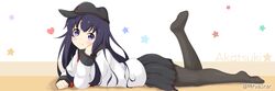  akatsuki_(kancolle) anthro black_hair blue_eyes blush hat kantai_collection long_hair miicha pantyhose seifuku waifu2x watermark 