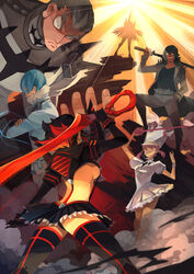  3boys 3girls bad_id bad_pixiv_id black_hair boots breasts conductor_baton gamagoori_ira hat highres inumuta_houka jakuzure_nonon kill_la_kill kiryuuin_satsuki matoi_ryuuko medium_breasts microskirt multicolored_hair multiple_boys multiple_girls onisakiyoruka over_shoulder photoshop_(medium) red_hair revealing_clothes sanageyama_uzu scissor_blade_(kill_la_kill) senketsu shako_cap shinai short_hair silhouette skirt suspenders sword tassel thigh_boots thighhighs two-tone_hair underboob weapon weapon_over_shoulder 