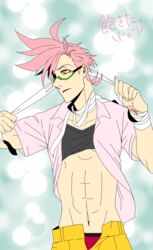  1boy abs bandage carnibal0380 glasses kiznaiver male_focus open_mouth pink_hair short_hair solo tenga_hajime yellow_eyes 