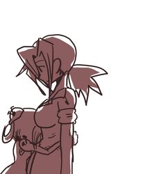  2girls bun_cover carol_(skullgirls) commentary height_difference hug monochrome multiple_girls nyoro_mutou painwheel_(skullgirls) ponytail skullgirls valentine_(skullgirls) 