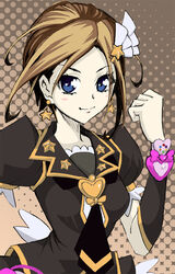  ascot bad_id bad_pixiv_id blonde_hair blue_eyes bracelet commentary earrings female hair_ornament hairclip happinesscharge_precure! heart jewelry juliet_sleeves long_sleeves military military_uniform natalia_poklonskaya original parody photoshop_(medium) precure puffy_sleeves real_life romeo_69 smile solo star_(symbol) uniform unofficial_precure_costume 